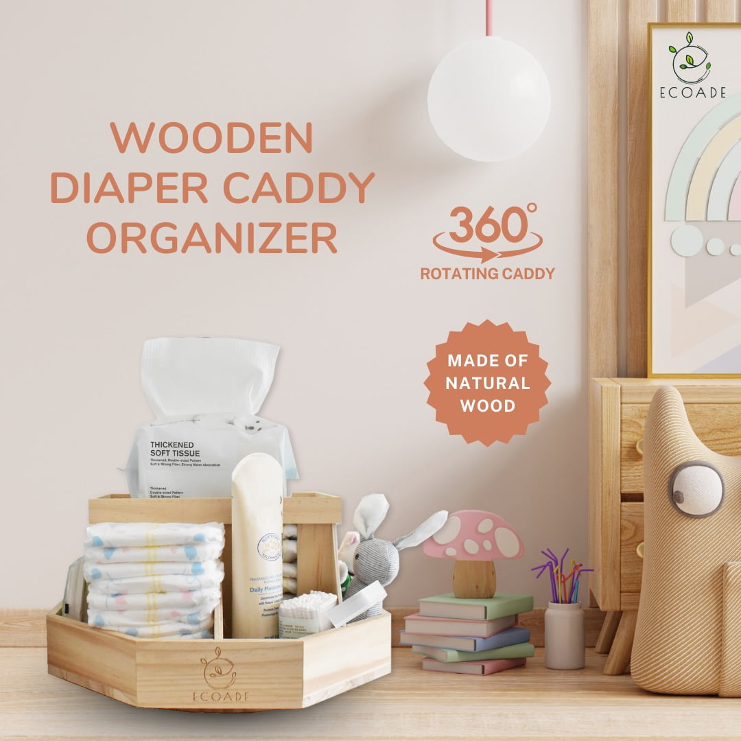 Wooden Diaper Caddy Organizer - 360 Degrees Rotating Caddy with Removable Dividers, Nursery Diaper Organizer