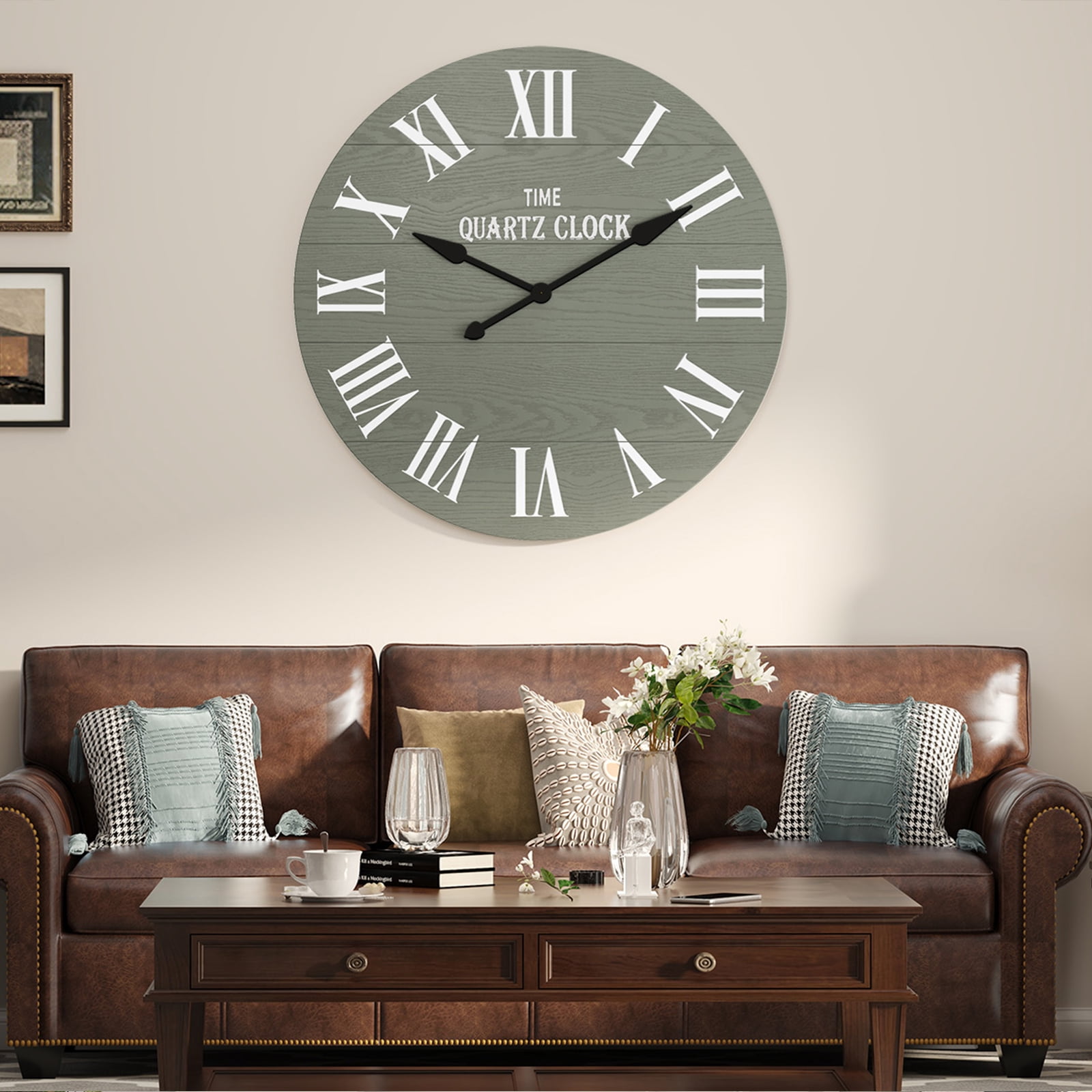 HLR 35.5” Farmhouse Large Shiplap Round Wall Clock with Roman Numeral for Living Room Decor, Green