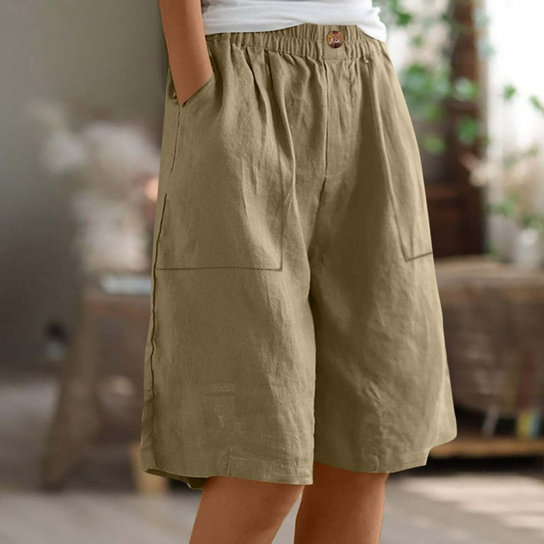 Women's High Waisted Knee Length Cotton Linen, Elastic Waist