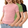 thumbnail image 3 of KyCheLot 3 Pack Ribbed Knit Tops for Girls Crew Neck Solid Color Short Sleeve T-Shirts Trendy Ruffle Trim T-Shirts, 3 of 5