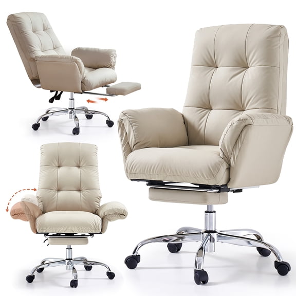 EMIAH Office Chair with Foot Rest Criss Cross Chair with Wheels and Flip-up Arms Reclining Desk Chair Comfy Wide Seat PU Leather Rolling Computer Home Office Chair Beige
