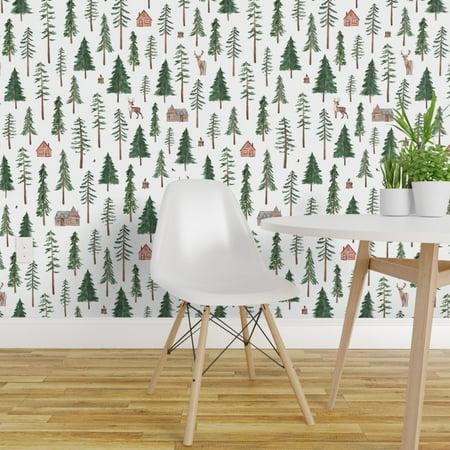 Winter Christmas Lights Wallpaper Removable Water-Activated Wallpaper Christmas Winter Log Cabin Forest Woods Deer ()