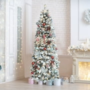 VEIKOUS 6.5ft Slim Christmas Tree, Pre-Lit Snow Flocked Pencil Tree W/ 200 Lights & Stand for Holiday Decor, Green