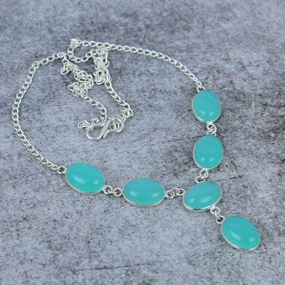 Green Chalcedony Gemstone Handmade 925 Sterling Silver Jewelry Necklace 18"