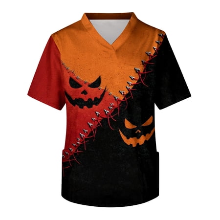 IYYVV Halloween Scrub Tops Men V-Neck Short Sleeve Printed Nursing Uniforms with Pockets Saffron XL