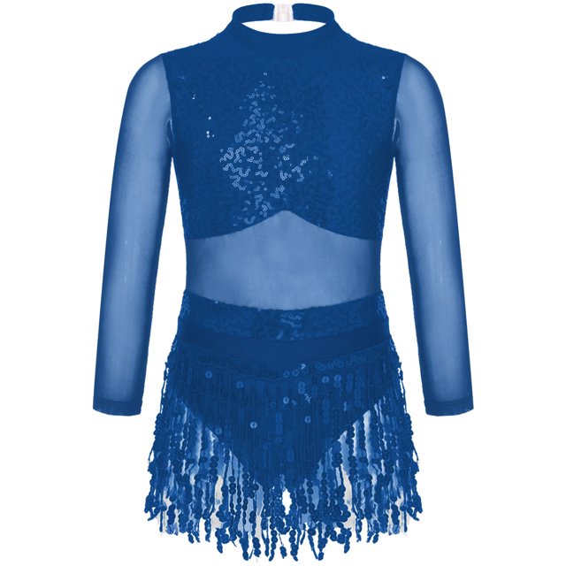 Kaerm Robe de Danse Jazz Latine pour Filles, Découpe à Sequins, Justaucorps à Franges, Bleu Marine 6