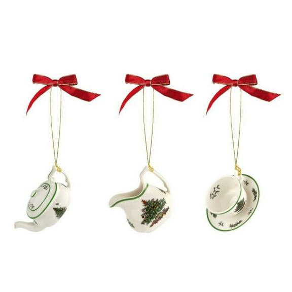 Spode Christmas Tree 3-Piece Tea Set Ornament, Durable Holiday Ornament for Festive Decor & Winter Wonderland Display - Sleek Seasonal Ornaments for Tree, Mantel, Holiday Home Decoration