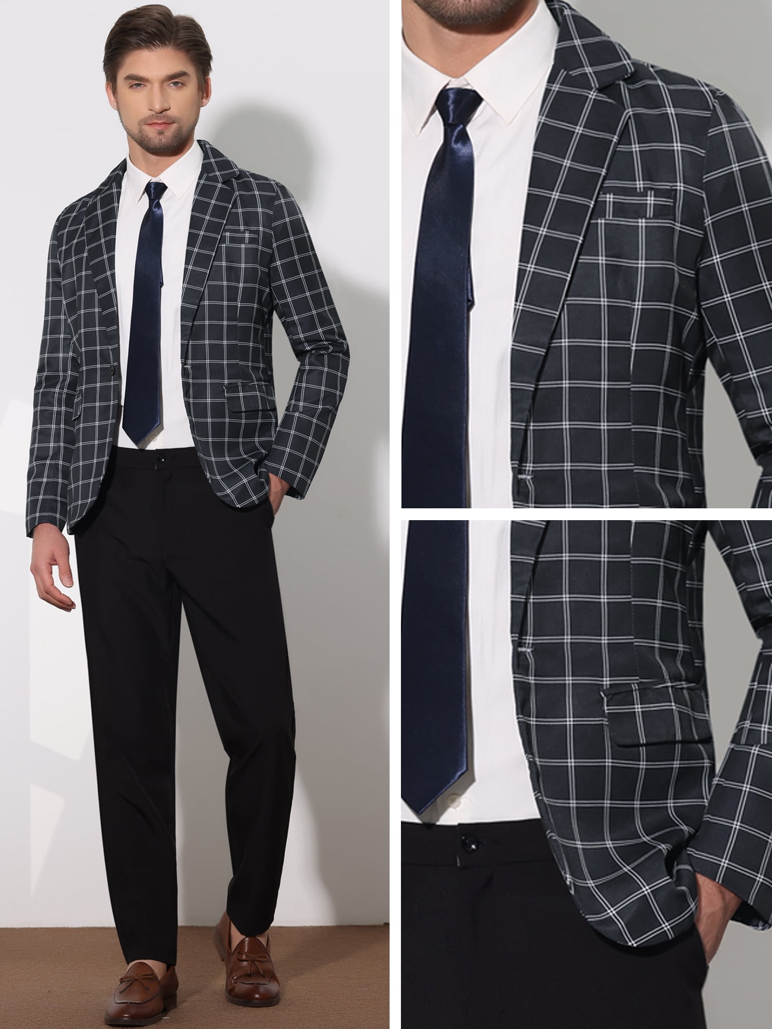 DARING DIVA Men's Plaid Blazers Notch Lapel Checked Wedding Dinner Sports Coat L Black