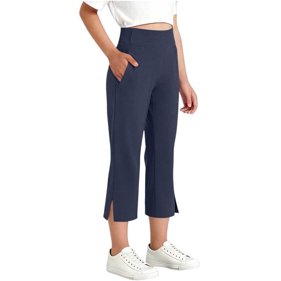 Gfyviroh Girls Stretch Capris Solid Side Slit High Waist Cropped Trousers Comfy Yoga Capri Pants for Big Kids