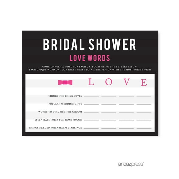 Koyal Wholesale Wedding Love Words Modern Black and White Stripes Bridal Shower Game Cards, 20-Pack