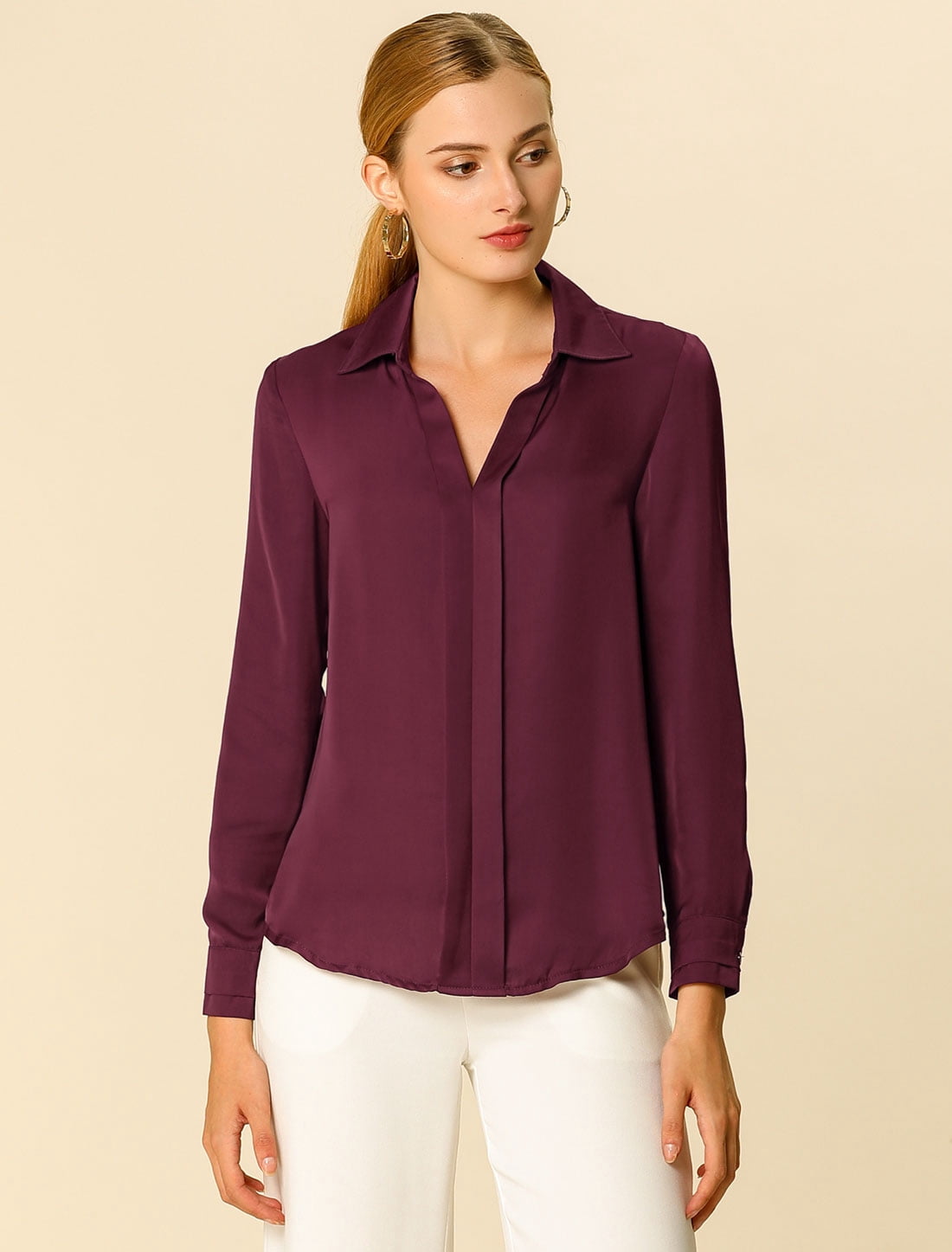 DARING DIVA Women's V Neck Classic Work Office Long Sleeve Shirt 3XL Wine Red