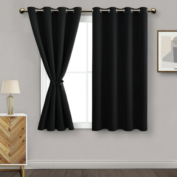 DWCN Black Blackout Curtains for Bedroom with Tiebacks - Thermal Insulated Light Blocking Grommet Window Curtains for Living Room, 52 x 54 inch Length, Set of 2 Panels
