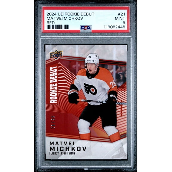 Graded 2024 Upper Deck Rookie Debut Matvei Michkov #21 Red /97 PSA 9 Hockey Card