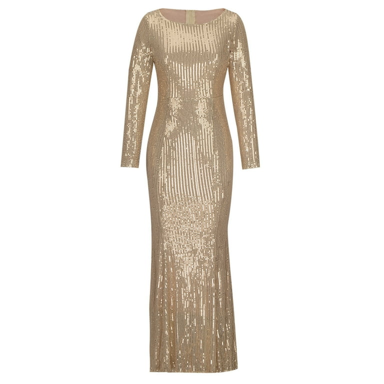 Scsalgin Long Sleeve Sequin Mermaid Prom Dresses for Women 2024 Sparkly Crew Neck Elegant Formal Evening Gowns, Women's, Size: Large, Brown