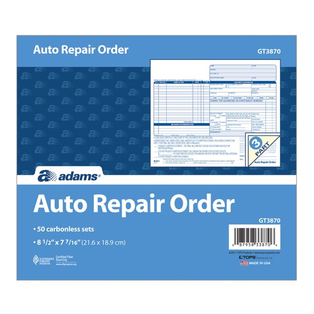 Adams Auto Repair Order Book, 3Part Carbonless, White/Canary/Pink, 81