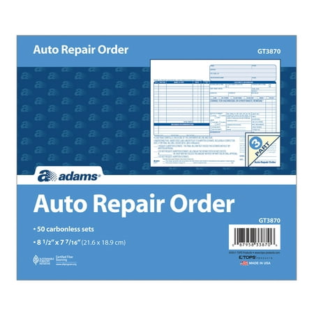 Adams Auto Repair Order Book, 3-Part Carbonless, White/Canary/Pink, 8-1/2 x 7-7/16 in., 50 Sets