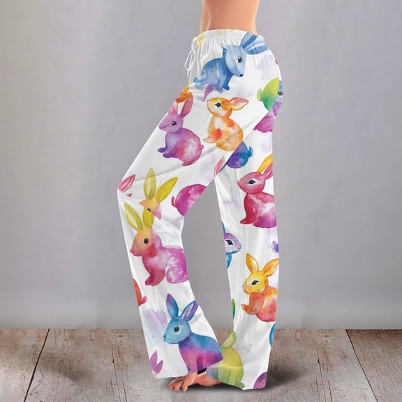 Easter Pajama Pants Women Cute Bunny Print Pjs Easter Wide Leg Comfy Relaxed Fit Pants