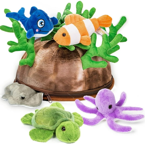 Prextex Plush Soft Stuffed Sea Animals Playset with Plush Coral Reef House for Storage - 5 Piece | Includes Stuffed Octopus, Turtle, Stingray, Nemo Fish, and Blue Whale