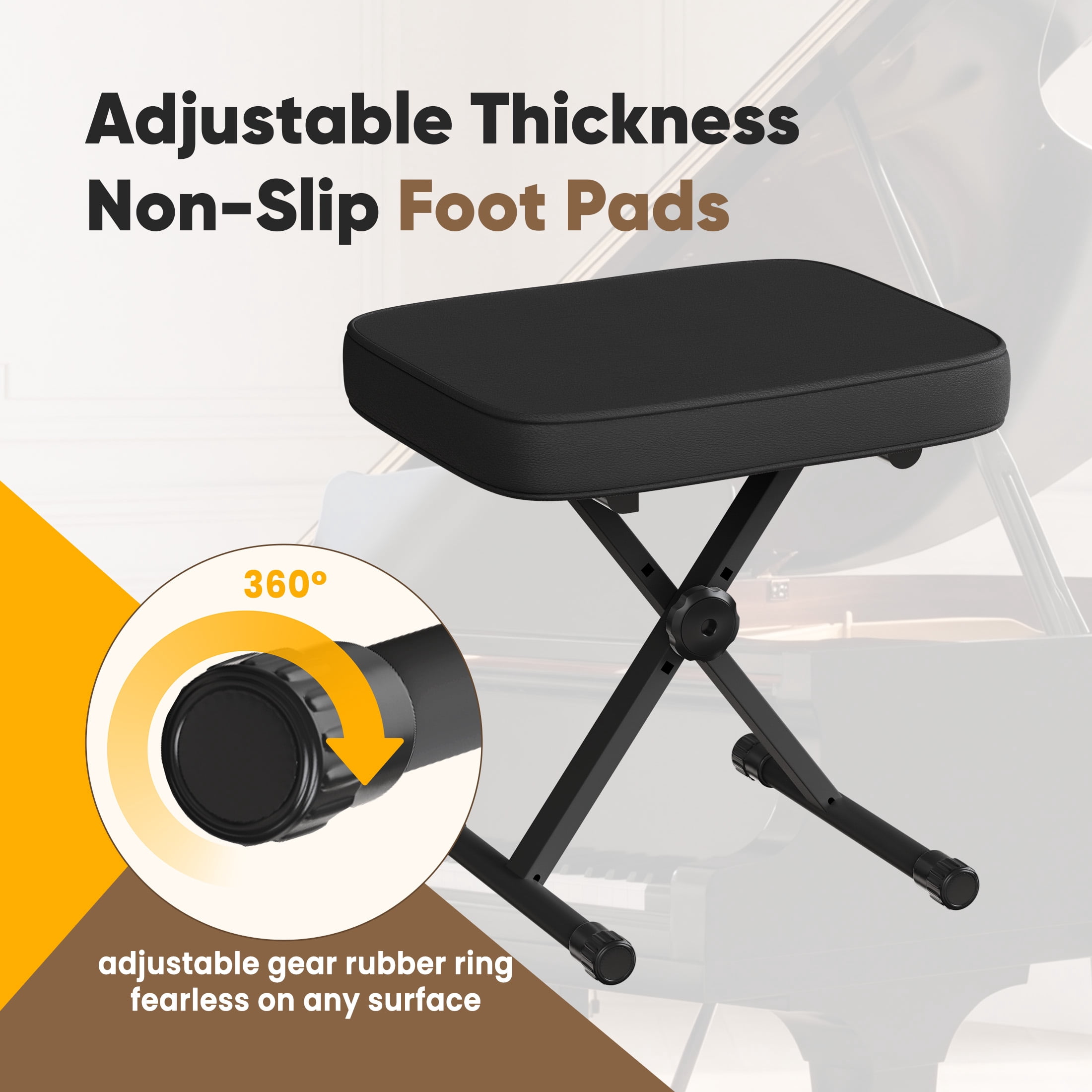 EDX Adjustable Height Piano Bench/Music Performance Stool - 3-Level Height Adjustment, Non-Skid Design,High-Density Sponge Padded, Portable & Foldable X-Style Seat, 250LBS Weight Capacity,Black