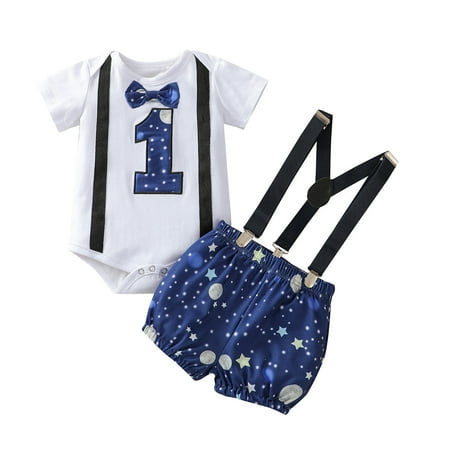 

Baby Boys Romper Outfit Set Starrys Sky Bowtie Romper Suspender Shorts First Birthday Outfit 2 Piece Sizes 12-18 Months