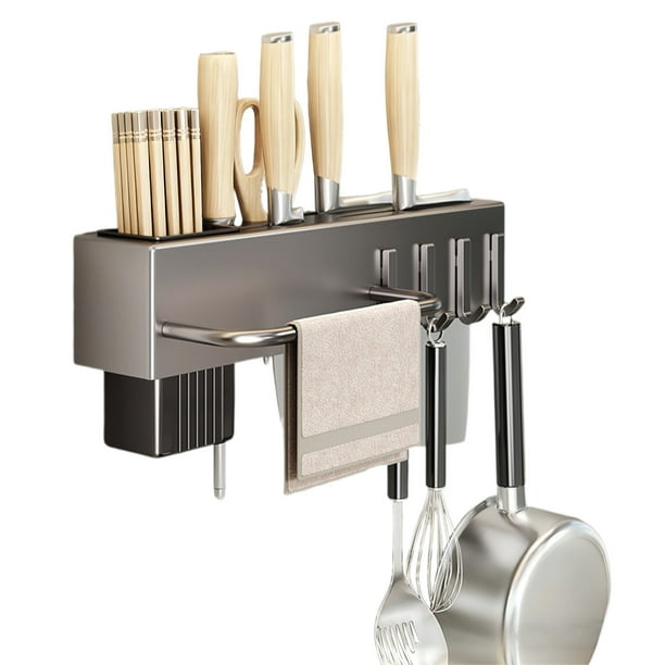 Estante para utensilios de acero al carbono: organizador de cocina que ahorra espacio con ganchos y barra para colgar, gris metalizado, soporte para cuchillos, 2 opciones de instalación