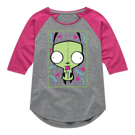 Invader ZIM - GIR Sticking Tongue Out - Retro Style Grid - Toddler And Youth Girls Raglan T-Shirt
