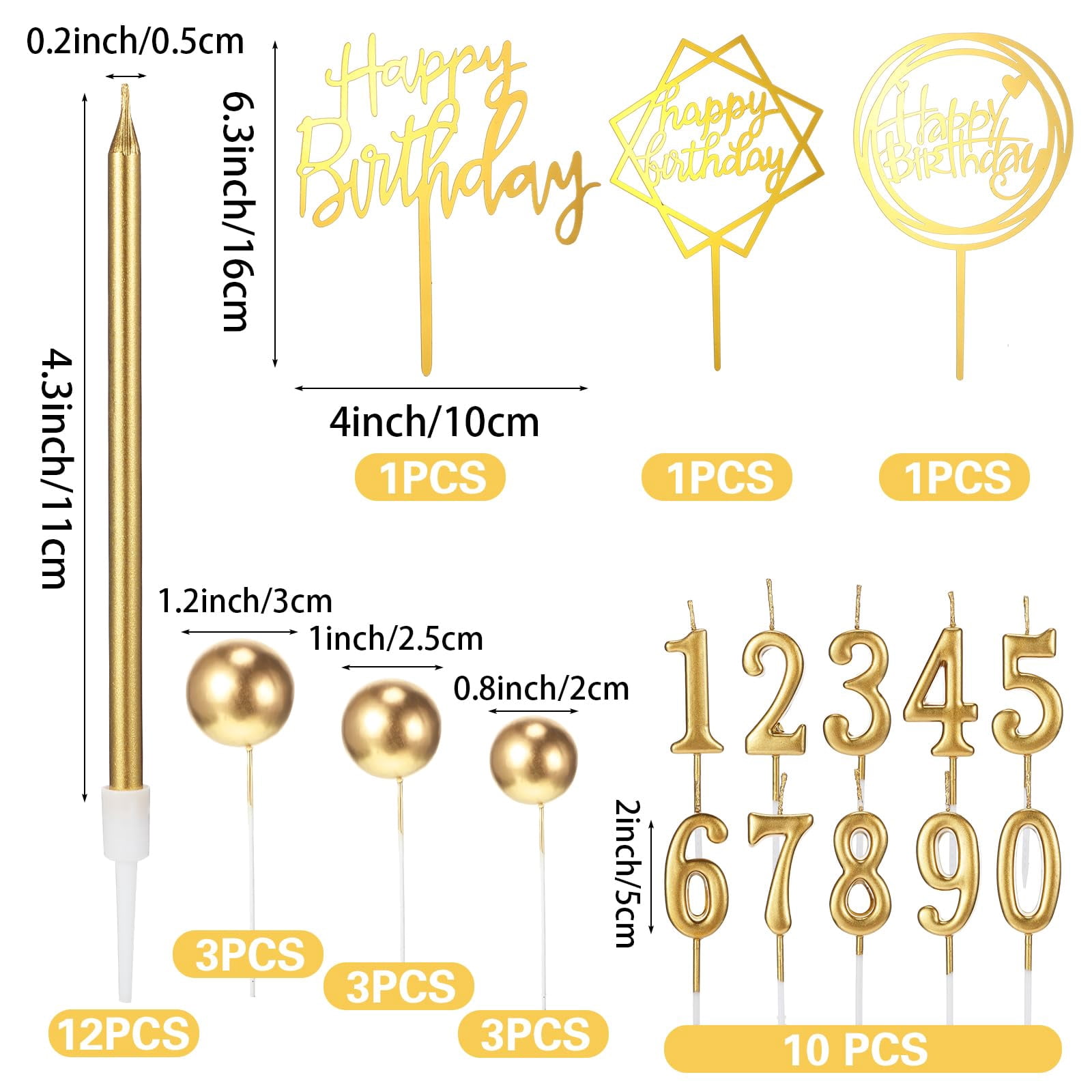 34 Pcs Happy Birthday Cake Toppers and Candles, DIY Cake Decorations for Men Women Wedding Anniversary Gold