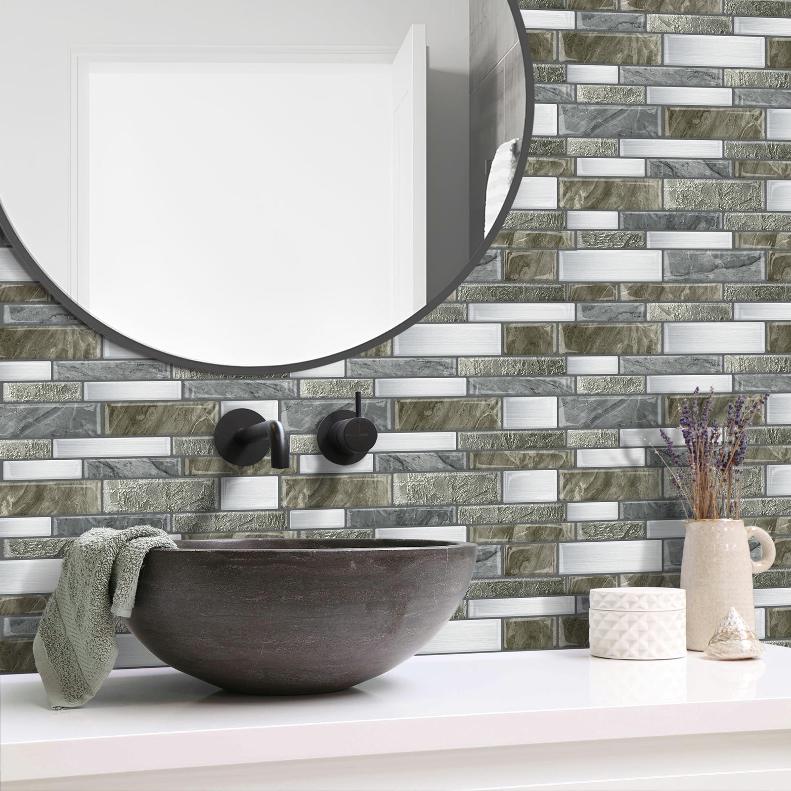 DEWOO Peel and Stick on Self Adhesive Backsplash Wall Marble Tiles Stickers 3D for Kitchen Bathroom,Gray Brown (10-Sheet, 12"×12")
