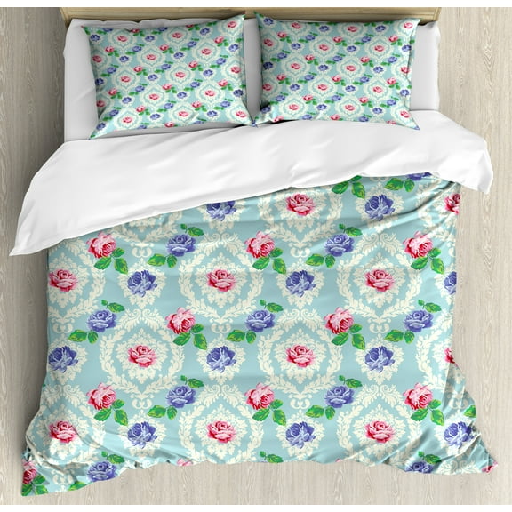 Shabby Flora Duvet Cover Sets, Baroque Inspired Colorful Roses on Victorian Pattern Fragrance Buds Art, Bedding Set with 2 Duvet Covers & 4 Pillowcases, 2 Pack Cal King Size, Multicolor, by Ambesonne