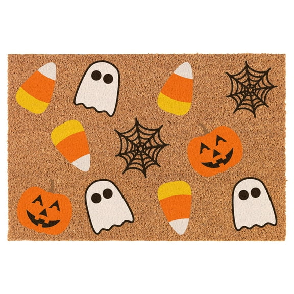 Welcome Doormat Coco Coir Door Mat Gift White Ghosts Spider Webs Jack-o'-Lanterns Candy Corn Halloween (24" x 16")
