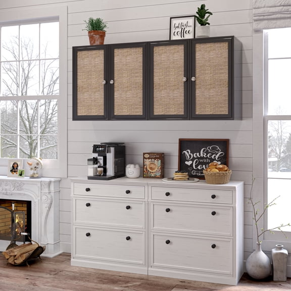 POLIHOME Wall Cabinet Storage-Rattan Laundry Cabinet,Wall Mounted Cabinet with Adjustable Shelves, 24INCH X 2PCS，Black