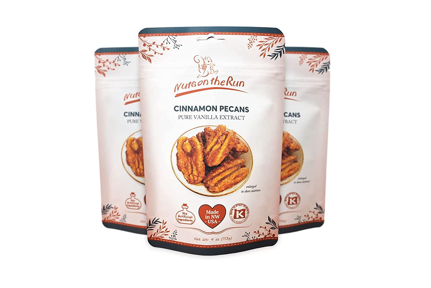 Nuts on the Run Cinnamon Pecans - Vegan, Kosher, Gluten-free, GMO-free - 4oz (PACK OF 3 BAGS), Vegan Pecan Pralines, Satisfaction Guarantee