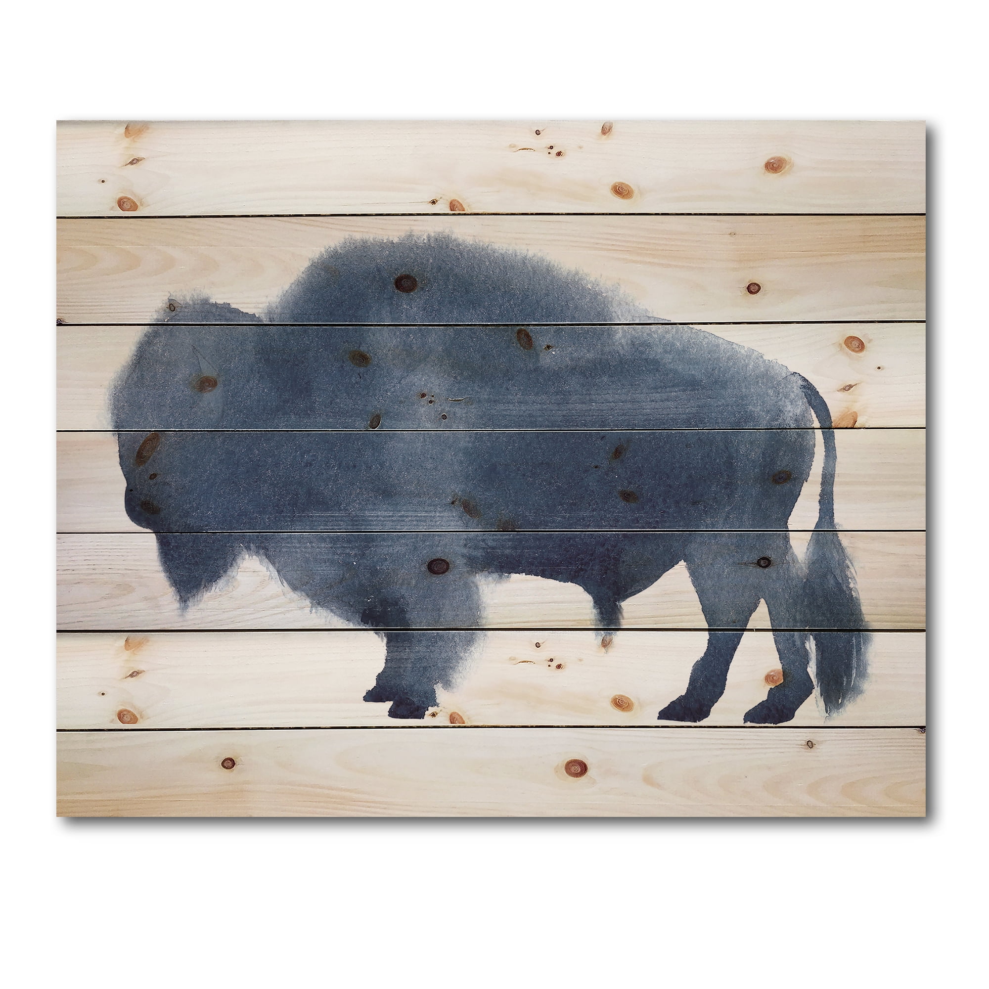 Designart 'Navy Blue Bison Silhouette On White' Farmhouse Print on Natural Pine Wood