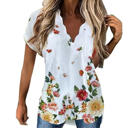 

Fsqjgq Womans T Shirts Shirt with Collar Women Women Turn Down Collar Lapel Pullover Printed Loose Fashion Casual Vacation Floral Printed Short Sleeve Blouse Skyline Cotton Sleep Shirt