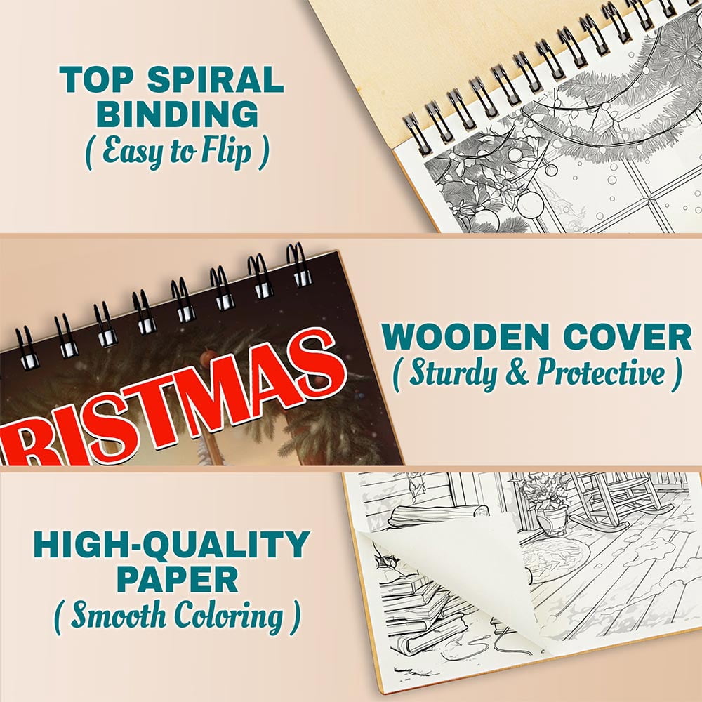 Netecom Christmas Cozy Coloring Book Spiral Bound For Adults, A5 Wooden Cover, 30 Beautiful Coloring Pages of Winter Landscape for Stress Relief and Relaxation