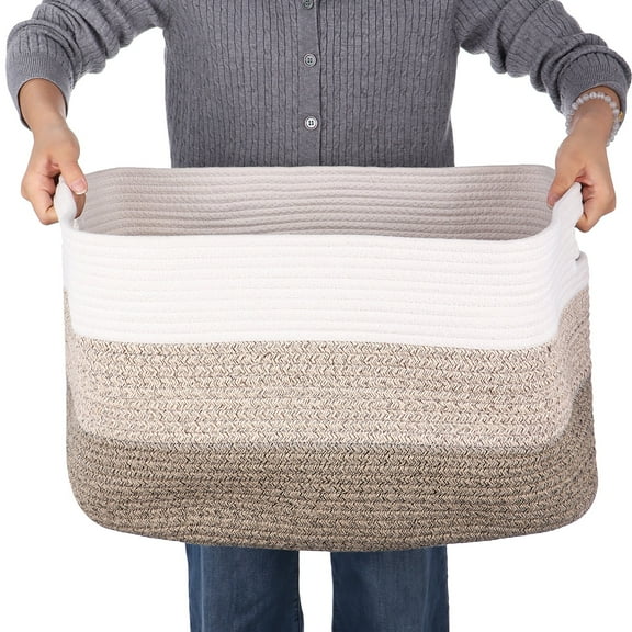 Extra Large Rectangle Blanket Basket, 22 x 16.9 x 12" Woven Cotton Rope Storage Basket, Woven Storage Bin with Handles, Soft Rope Organizer for Toys, Clothes, Living Room, Bedroom
