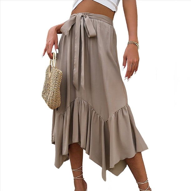 Faldas Largas para Mujer, Cintura Alta, Estilo Renacentista, Dobladillo Irregular Caqui XL