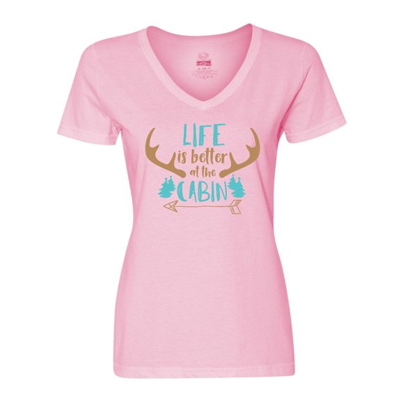 Inktastic Life is Better at the Cabin, Deer Antlers, Camping Women's V-Neck T-Shirt