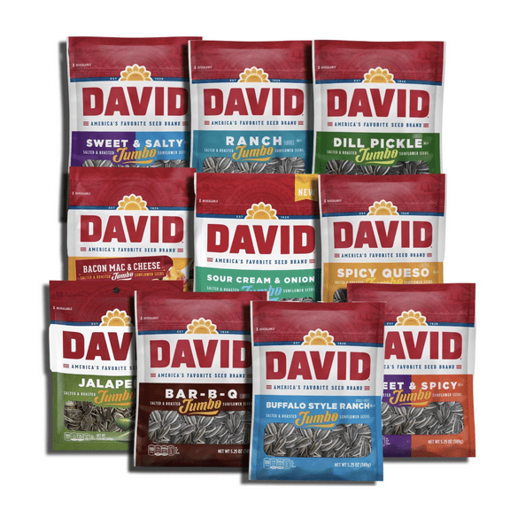 David Sunflower Seeds Variety Pack, 10 Bags May include BBQ, Dill Pickle, Ranch, Bacon Mac n Cheese, Buffalo Ranch, Sweet & Salty, Sweet & Spicy, Jalapeno, Sour Cream & Onion Or Spicy