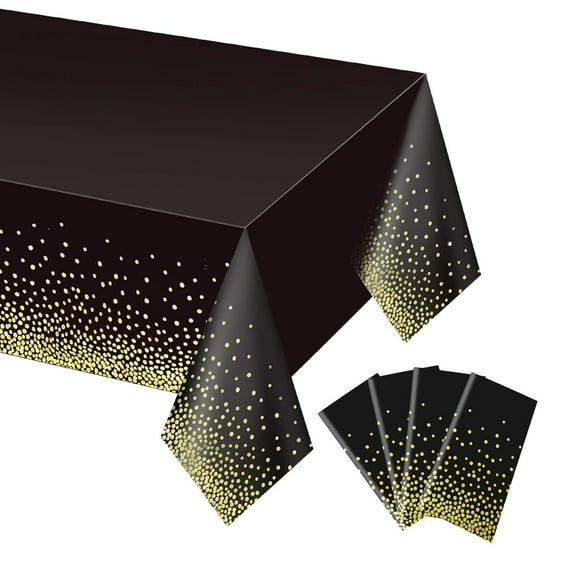 4 Pack Plastic Table Cover Black and Gold for 6-8ft Rectangle Tables, Waterproof Party Tablecloth for Birthday Graduation Retirement Decorations, Black