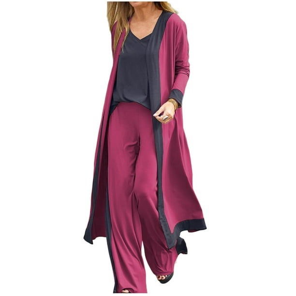 Conjunto de 3 piezas para mujer, chaleco suave, camiseta de manga larga, cárdigan con frente abierto para otoño, abrigo, pantalón largo de cintura alta, traje informal Wmkox8yi bvn1872