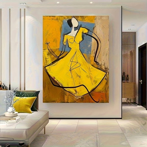 Elegant Abstract Oil Painting - Modern Fashion Sketch with Woman in Yellow Dress, Hand-Painted Large Wall Art for Bedroom, Living Room, or Home Decor