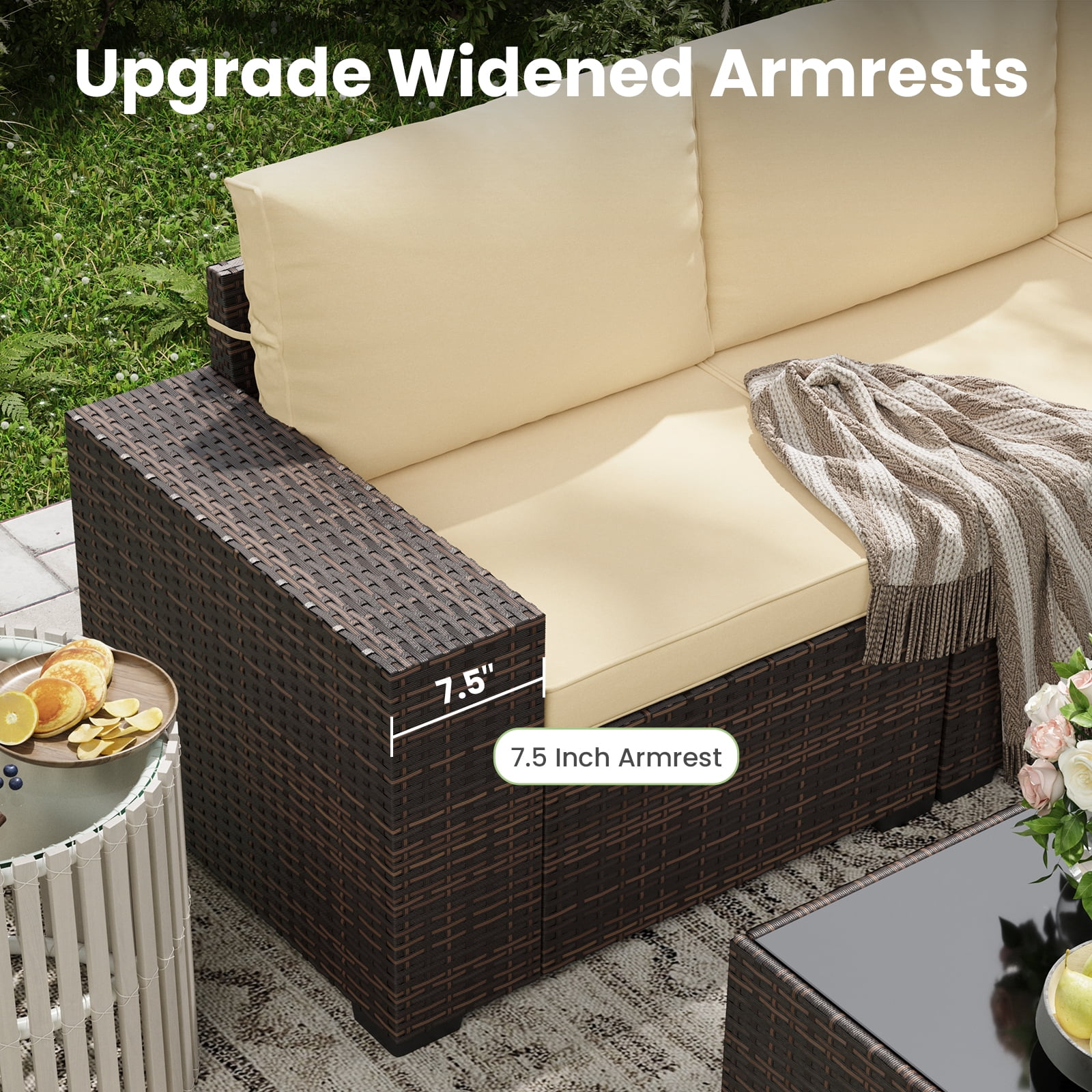STARY 6 Pieces Outdoor Sectional Sofa with Wide Armrests, Patio Conversation Set, PE Rattan Furniture Set for Backyard, Cream
