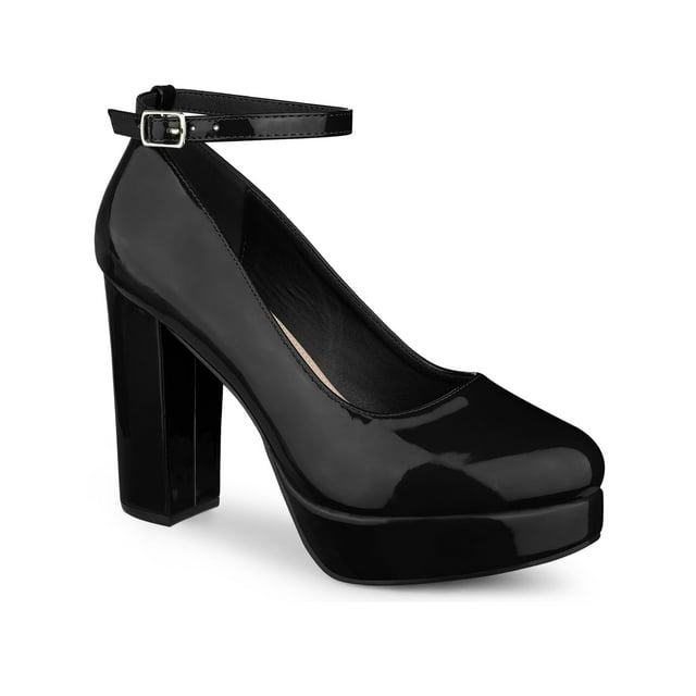 BLISSFUL STEP Escarpins à Talon Bloc pour Femmes Plateforme Bride à la Cheville Bout Rond Talon Noir 9