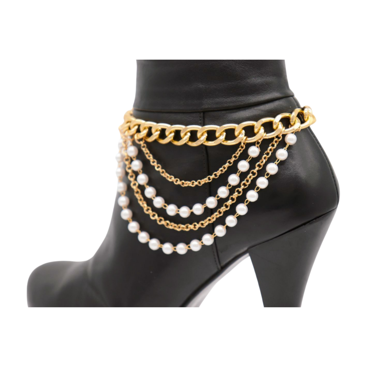 Women Gold Metal Western Boot Chain Bracelet Shoe Anklet Wave Pearl Beads z035