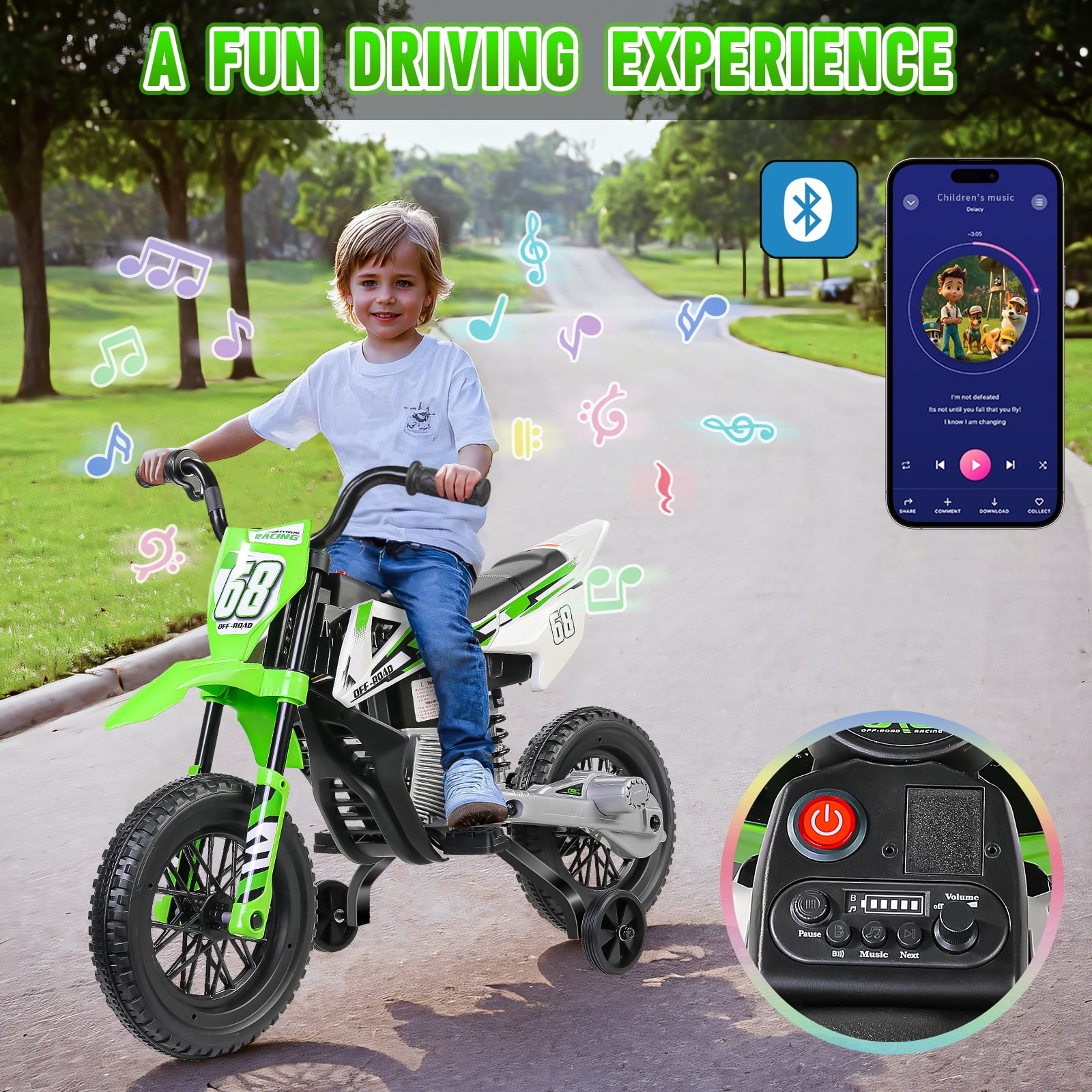 Farmdex 12V Electric Motorcycle for Kids, Electric Dirt Bike with 2 Training Wheels, Ride on Toy with Twist Grip Throttle, Built-in Music, 30W*2 Motors, Green