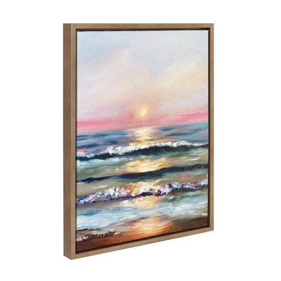 Kate and Laurel Sylvie Atlantic Sunset Framed Canvas Wall Art by Mary Sparrow, 18x24 Gold, Beach Landscape Coastal Sunset Art for Wall