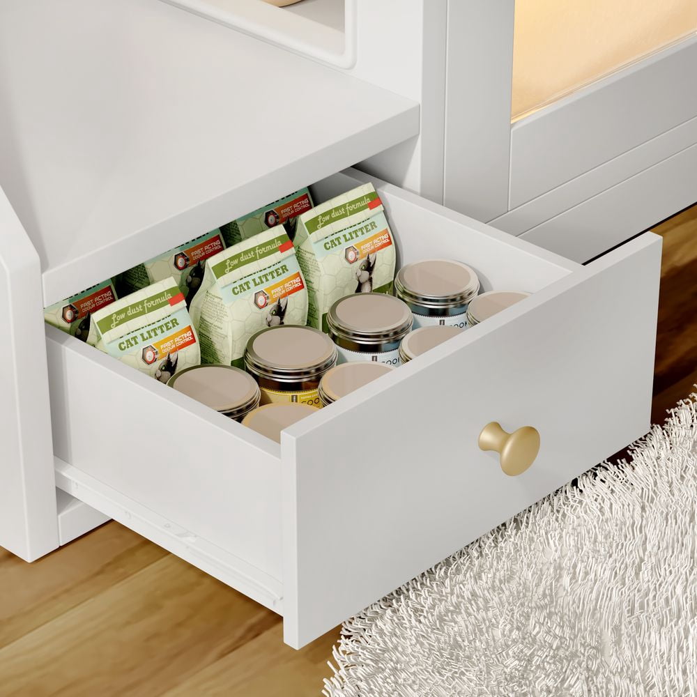 LUMAMIN Cat Litter Box Enclosure with Light, Hidden Litter Box Enclosure Furniture with 2 Drawers, Indoor Cat House Washroom End Table for Cats, White
