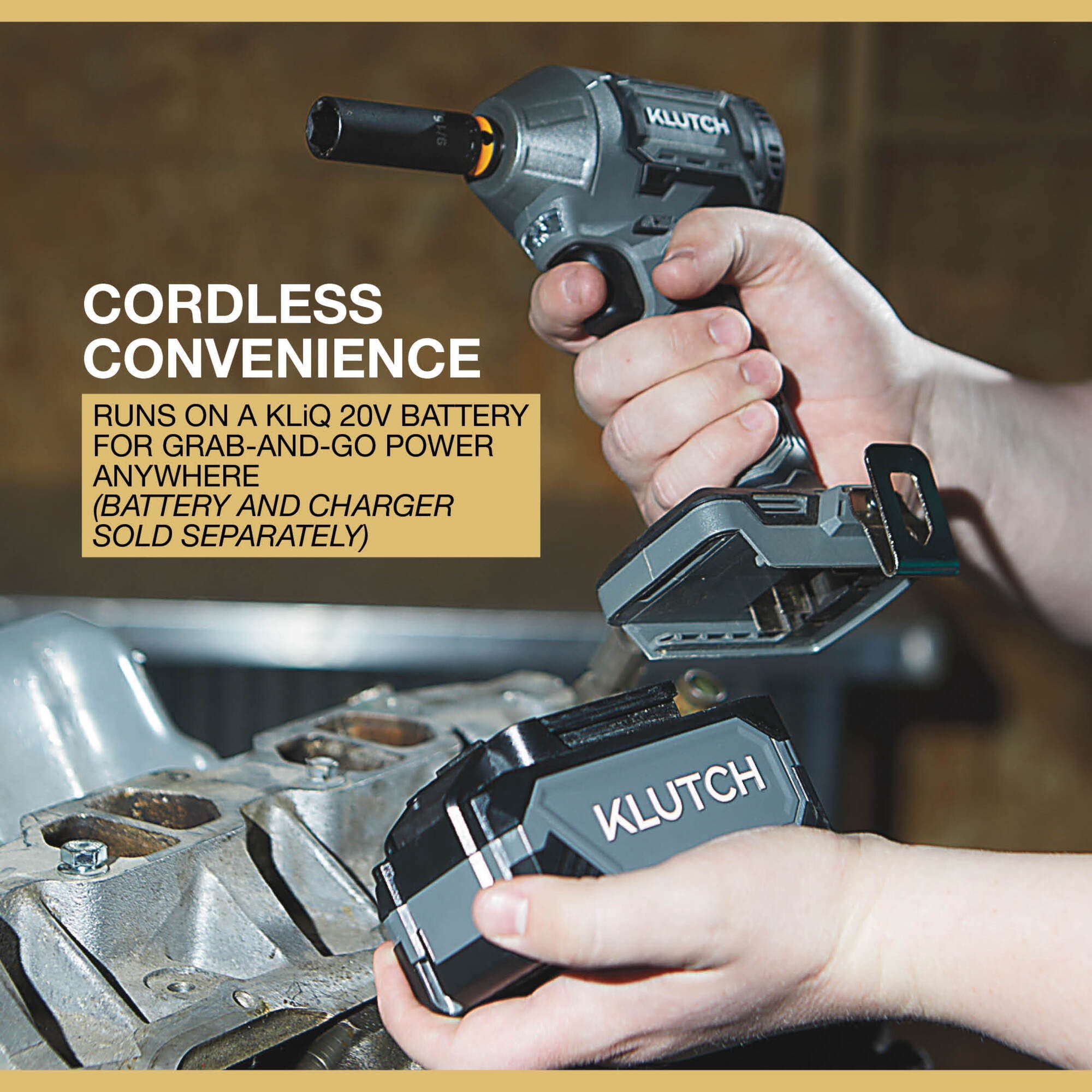 Klutch Compact 3/8in. Impact Wrench, KLiQ 20V, 205 Ft./Lbs. Breakaway Torque, Brushless, Cordless, Bare Tool