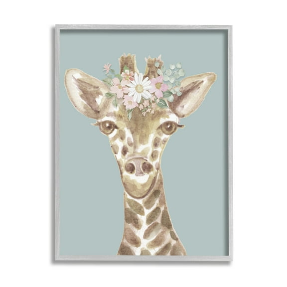 Stupell Industries Giraffe with Flower Garland Animals & Insects Painting Gray Framed Art Print Wall Art, 24 x 30